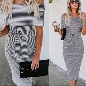 Pristine VICI | Roslyn Off The Shoulder Striped Midi Dress Size: Medium